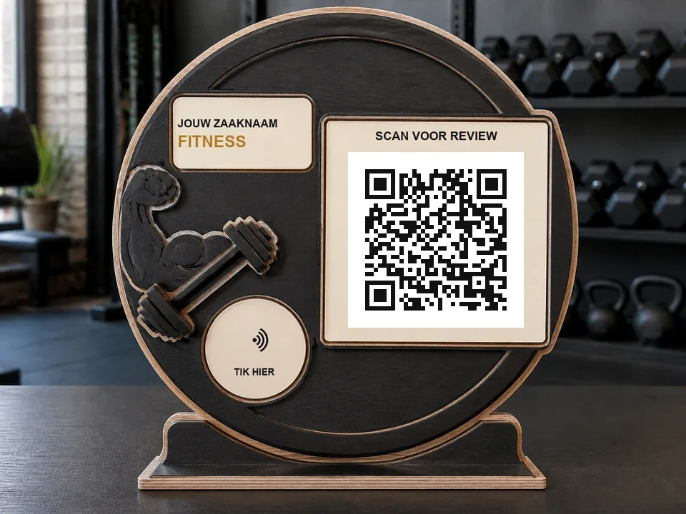 Fitnessreviewbord met halterschijfvorm, scanbare QR-code en NFC-zone